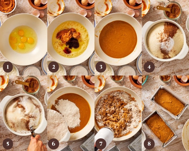 Eight step-by-step photos showing the pumpkin bread batter being made, from beating the eggs and adding pumpkin to combining the wet and dry ingredients and dividing the batter between loaf pans.