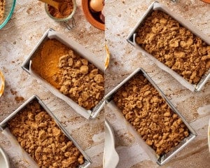 Two step-by-step photos showing pumpkin spice streusel being generously sprinkled over pumpkin bread batter in two prepared loaf pans.