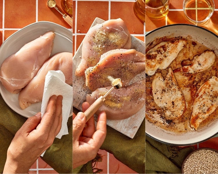 Chicken breasts are patted dry, sliced into thin cutlets, seasoned with salt, pepper, and garlic powder, then seared in a skillet until golden brown.