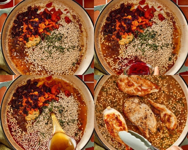 Pearl couscous, dried cranberries, apricots, orange zest, Dijon mustard, and fresh herbs are combined with cranberry juice and chicken broth before seared chicken is returned to the skillet.