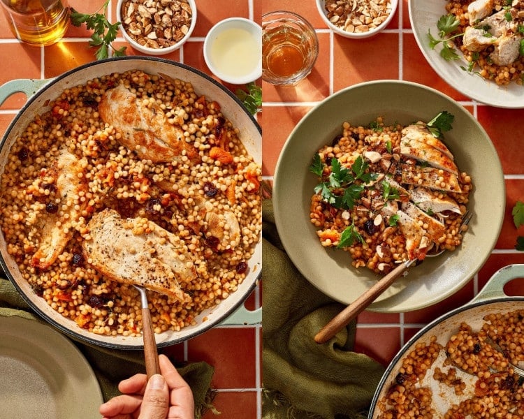 One-pan cranberry apricot chicken with pearl couscous shown cooked in the skillet and plated with sliced chicken, chopped almonds, and fresh parsley.