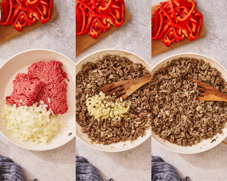 Three images side-by-side of browning the beef, onions, garlic, and ginger in a skillet.