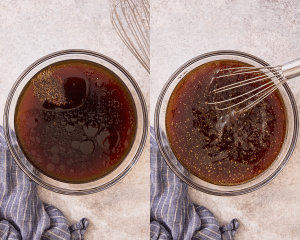Side-by-side of whisking the sauce ingredients together in a mixing bowl.