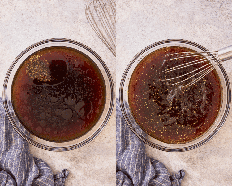 Side-by-side of whisking the sauce ingredients together in a mixing bowl.