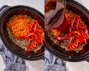 Side-by-side image of adding the veggies and sauce to ground beef in the slow cooker.