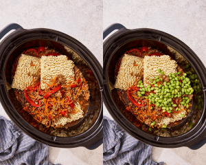 Side-by-side image of adding the ramen noodles and edamame to the slow cooker.