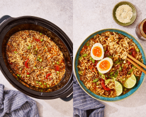 Side-by-side of beef ramen cooked in slow cooker then served in a bowl.