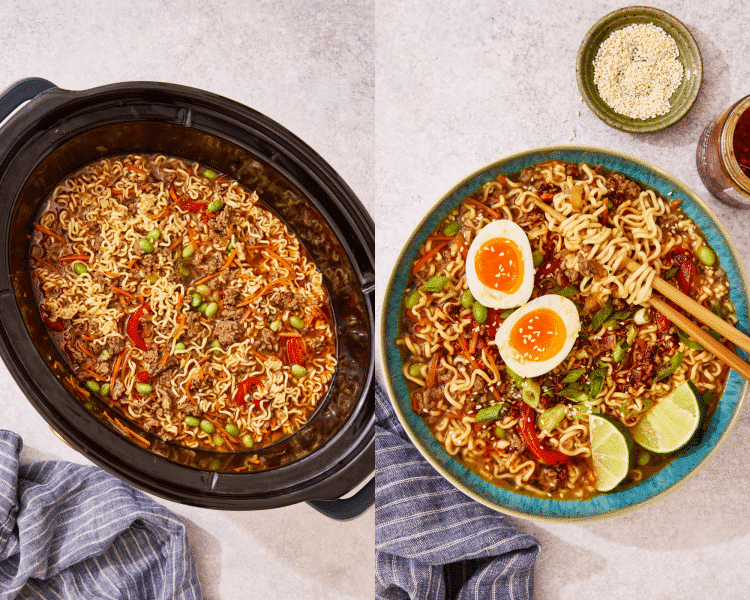 Side-by-side of beef ramen cooked in slow cooker then served in a bowl.