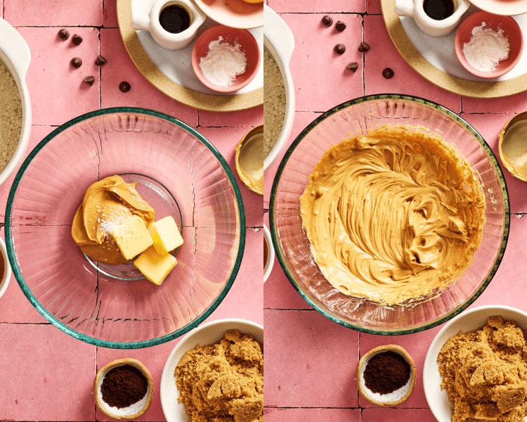 Beating the peanut butter, butter and salt together in a mixing bowl.
