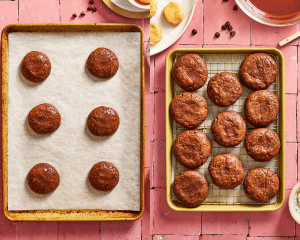 Side-by-side of baked cookies on a parchment lined baking sheet then transferring them to a wire rack and letting them cool completely.