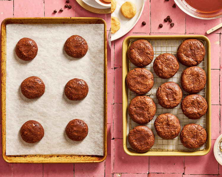 Side-by-side of baked cookies on a parchment lined baking sheet then transferring them to a wire rack and letting them cool completely.