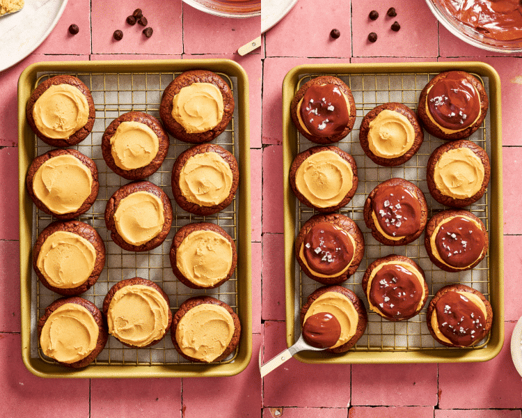 Side-by-side of adding the peanut butter layer and chocolate ganache to baked cookies.