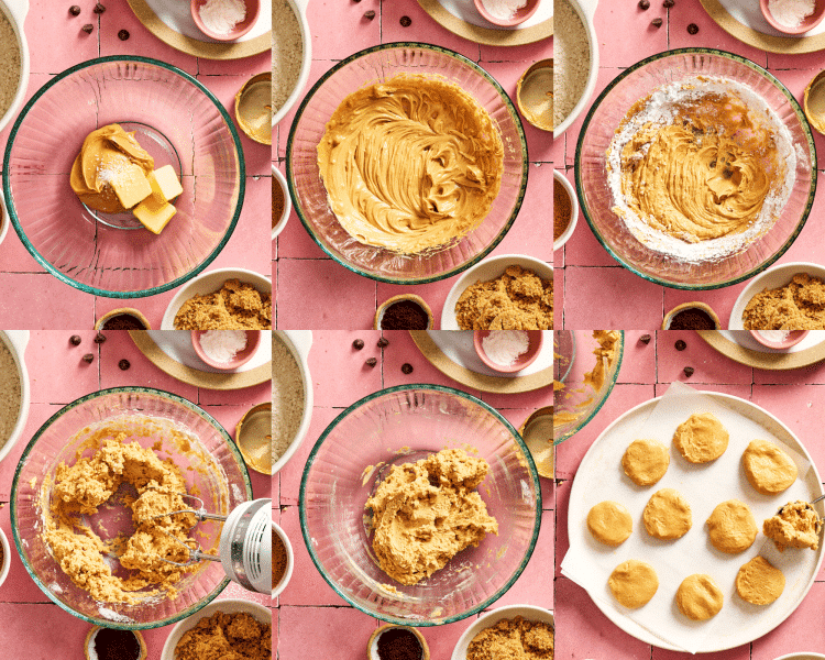 Six images of making the peanut butter mixture then scooping and chilling to later add to the baked cookies.
