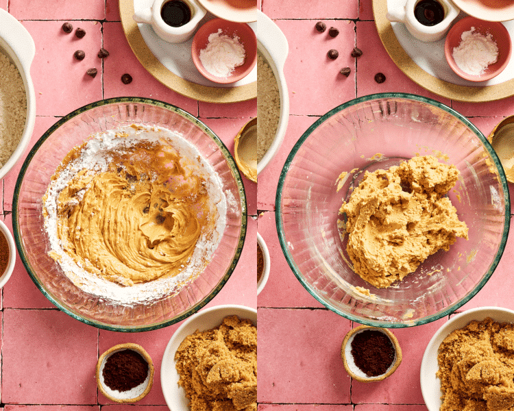 Side-by-side of adding the powdered sugar to the peanut butter and butter mixture.