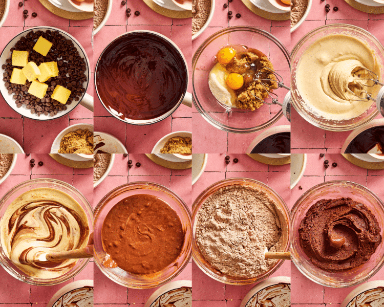Eight images of combining the wet ingredients then mixing them with the dry ingredients to create the cookie dough.