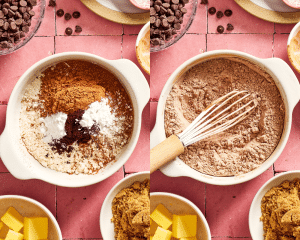 Side-by-side image of whisking the dry ingredients together in a mixing bowl.