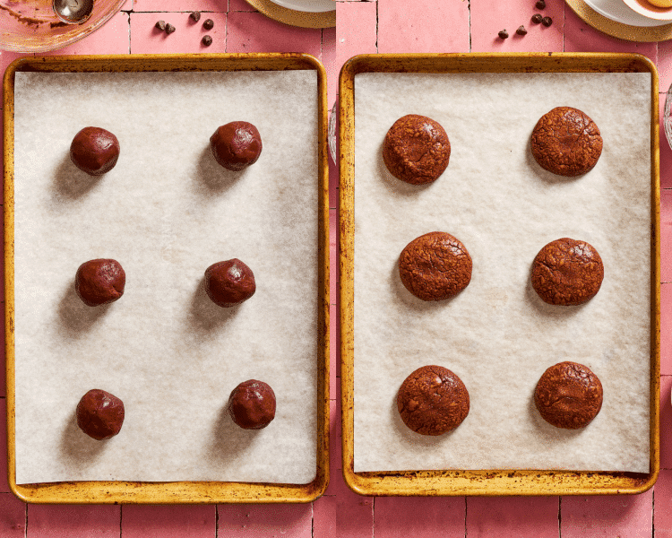 Side-by-side of cookie dough scooped on a parchment-lined baking sheet then baked for 10 minutes.