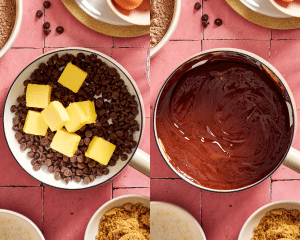 Melting the butter and chocolate together in a saucepan.