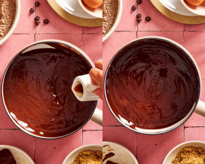 Side-by-side of adding the vanilla extra to the melted chocolate and butter.