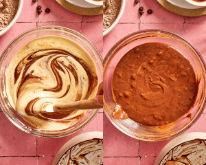 Side-by-side of adding the melted chocolate to the whipped eggs and sugar.