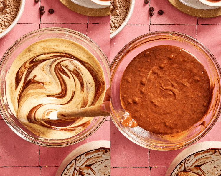 Side-by-side of adding the melted chocolate to the whipped eggs and sugar.