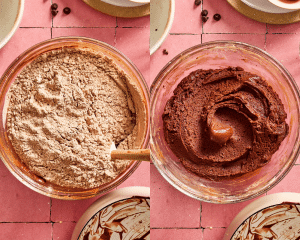 Side-by-side image of adding the dry ingredients to the wet ingredients and mixing until combined.