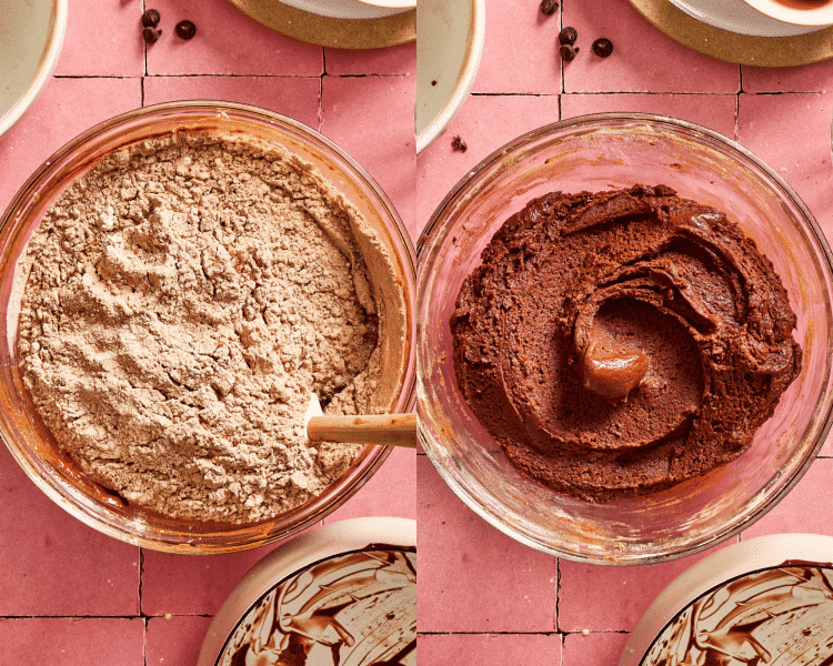 Side-by-side image of adding the dry ingredients to the wet ingredients and mixing until combined.