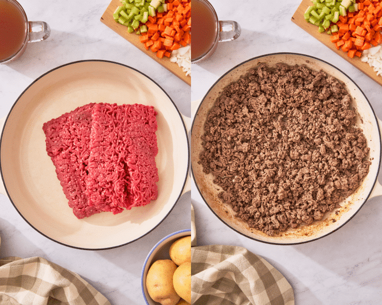 Side-by-side of browning ground beef in a large dutch oven.