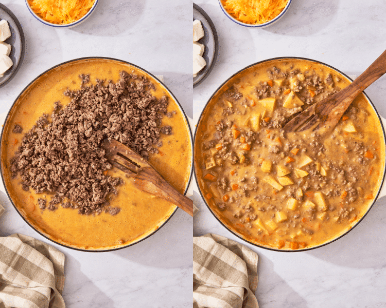 Side-by-side image of adding the ground beef back into the cheeseburger soup.
