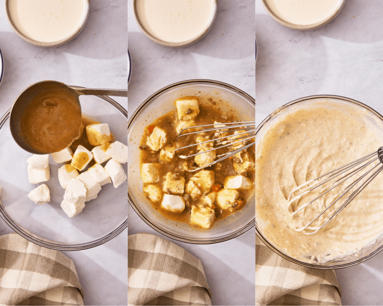 Three images side-by-side of tempering the cream cheese.