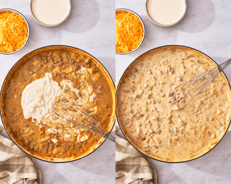 Side-by-side of adding the tempered cream cheese back to the soup.