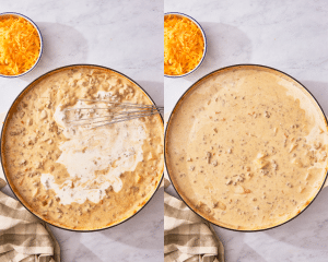 Side-by-side image of adding the heavy cream to the soup.