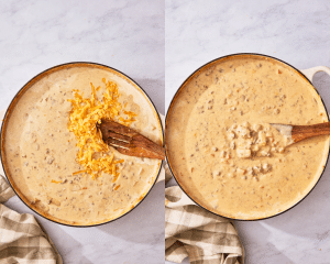 Side-by-side of adding the shredded cheese to the soup and stirring until it's melted and mixed back in.