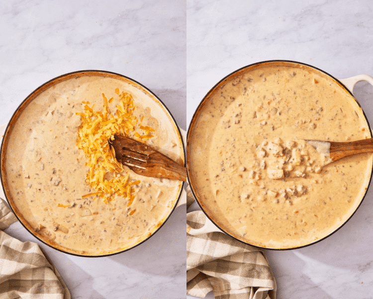 Side-by-side of adding the shredded cheese to the soup and stirring until it's melted and mixed back in.