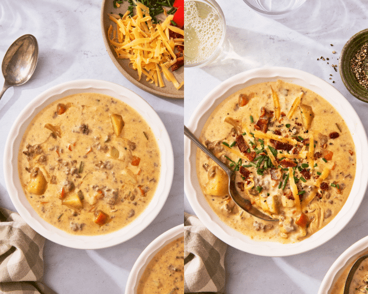 Side-by-side of serving cheeseburger soup in a bowl then adding toppings.