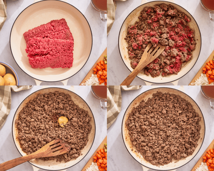 Four images of cooking and seasoning the ground beef.