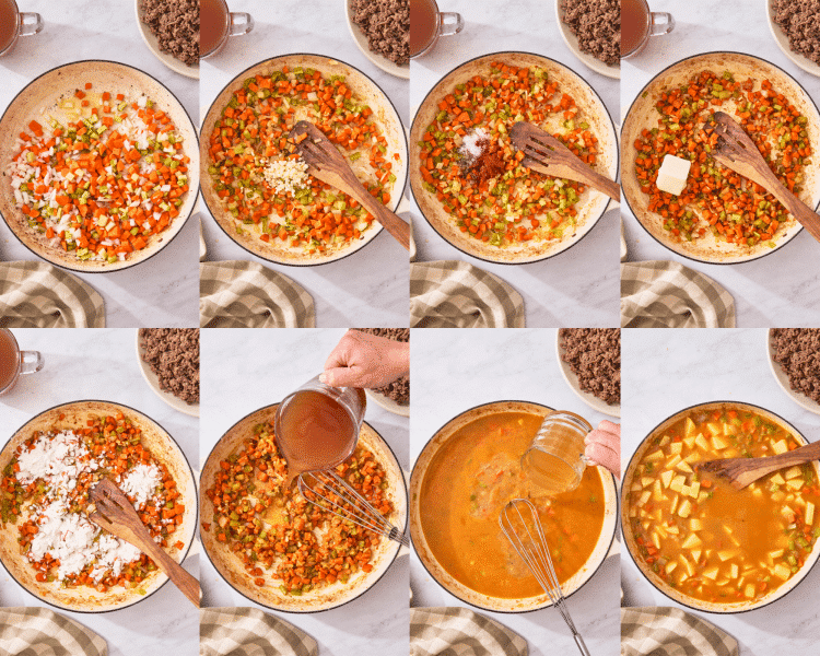 Eight images showing how to build the broth base for the cheeseburger soup.