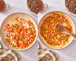 Side-by-side of cooking the veggies in the dutch oven until soft.