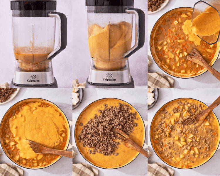 Six images of blending the potatoes and broth then adding back to the soup with the ground beef.
