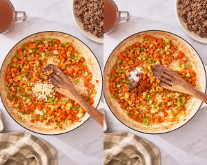 Side-by-side of seasoning the veggies.