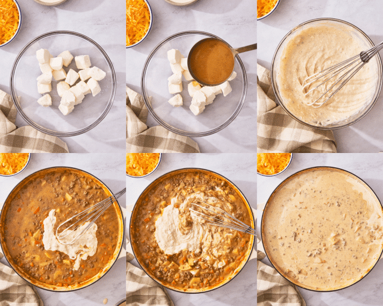 Six images of tempering the cream cheese then adding back to the soup.