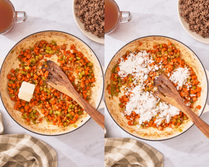 Sid-by-side of adding the butter and flour to the cooked veggies.