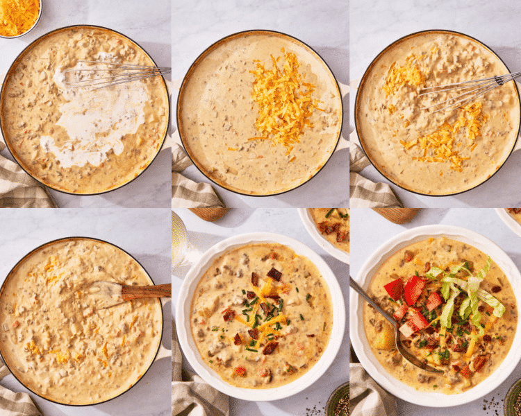 Six images of adding the cream and cheese to the soup then serving in a bowl with toppings.