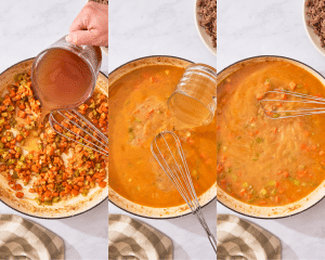 Three images of adding the broths to the cheeseburger soup.