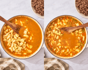Side-by-side of adding the cut potatoes and cooking until tender.