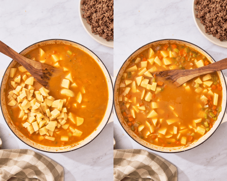 Side-by-side of adding the cut potatoes and cooking until tender.