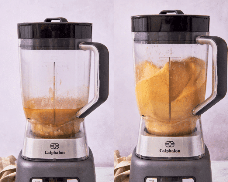 Side-by-side of blending the potatoes and broth.