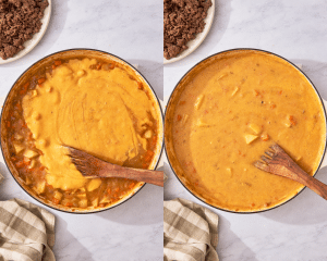 Side-by-side image of adding the blended broth and potatoes back to the soup base to thicken up.