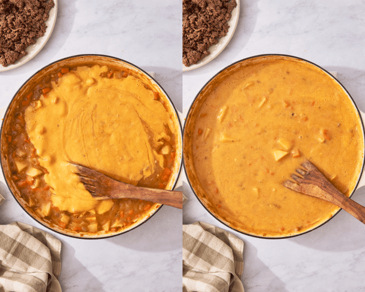 Side-by-side image of adding the blended broth and potatoes back to the soup base to thicken up.