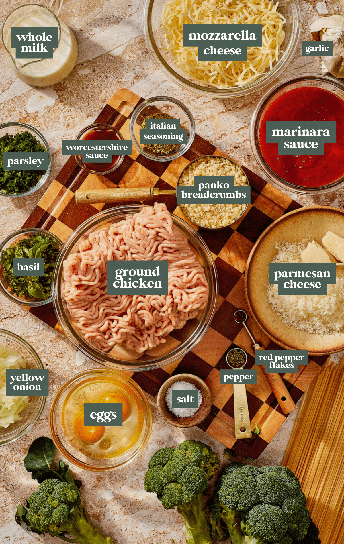 Labeled ingredients for chicken parmesan meatloaf.